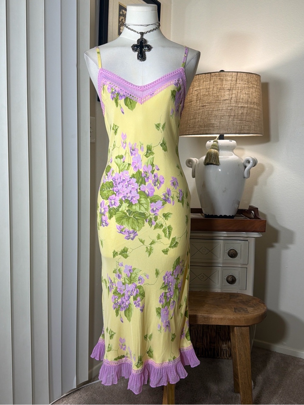 Betsey Johnson Yellow Floral Slip Dress with Pink Trim